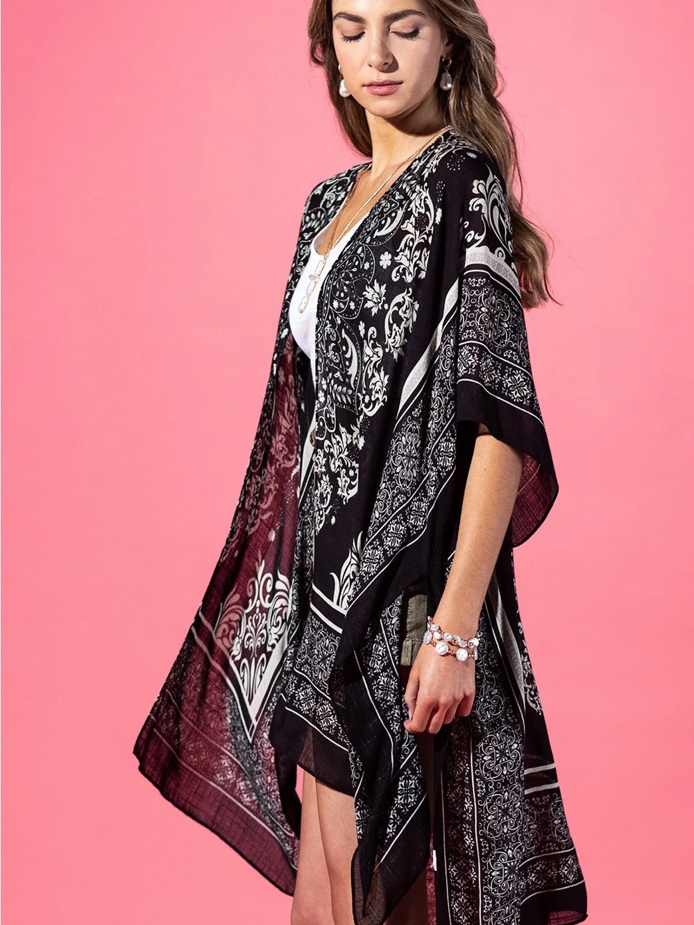 Black & White Printed Swim Cover-Up Kimono